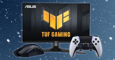 A ASUS TUF Gaming-branded gaming monitor with a black Razer mouse to one side and a white DualSense Edge controller to the other with snow droplets in the background.