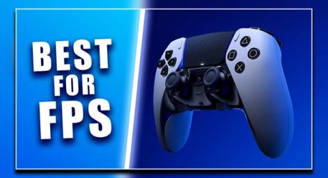 A white and black DualSense Edge controller in front of a blue background on one side of a white line. On the other, "BEST FOR FPS" text in white.