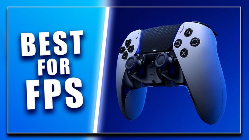 A white and black DualSense Edge controller in front of a blue background on one side of a white line. On the other, "BEST FOR FPS" text in white.