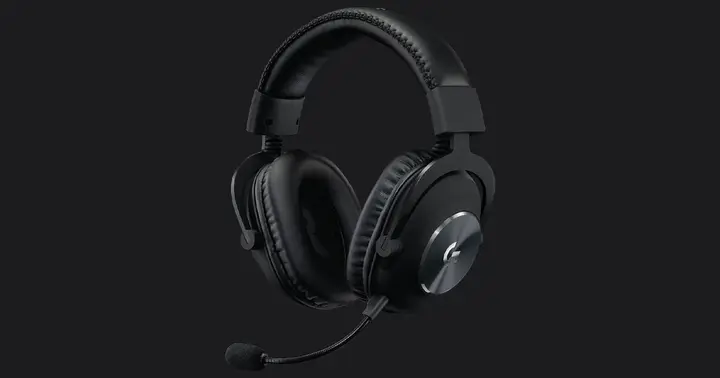 Logitech G Pro X product image of an all-black, wired, over-ear gaming headset with a mic.