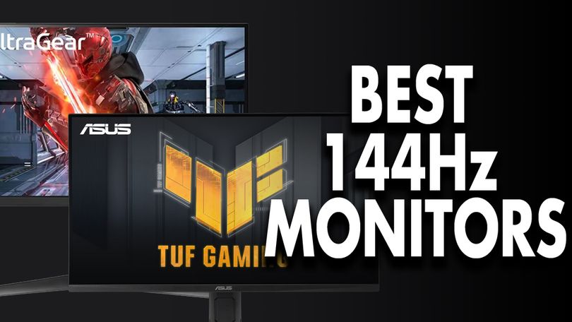 Two black gaming monitors, one featuring a masked character holding a flaming sword on the display, the other TUF Gaming branding in yellow. Both are next to white "BEST 144Hz MONITORS" branding.