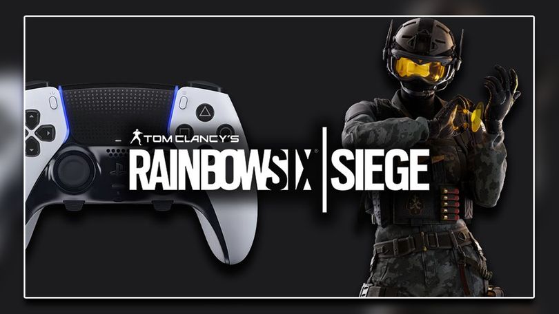 A white and black DualSense Edge controller with a character from Rainbow Six Siege next to it wearing black with a yellow visor. Both are behind Rainbow Six Siege branding in white.
