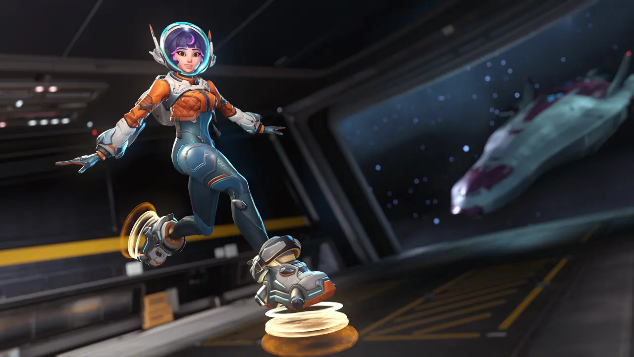 Juno from Overwatch 2 floating in a spaceship's hangar