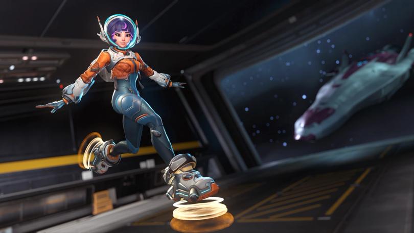 Juno from Overwatch 2 floating in a spaceship's hangar