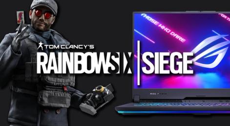 A black laptop featuring blue, purple, and pink lighting on the display next to a character in red glasses for Siege, both behind Rainbow Six Siege logo in white.