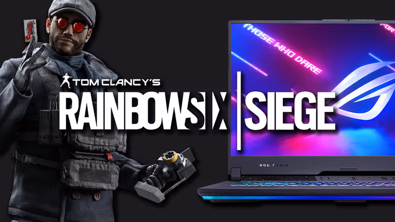 A black laptop featuring blue, purple, and pink lighting on the display next to a character in red glasses for Siege, both behind Rainbow Six Siege logo in white.