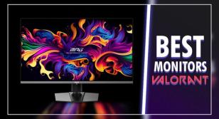 A black monitor with a multicolored pattern on the display one side of a white line. On the other "BEST MONITORS VALORANT" text in white and red.