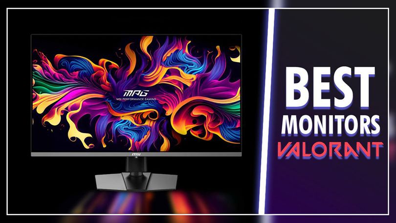 A black monitor with a multicolored pattern on the display one side of a white line. On the other "BEST MONITORS VALORANT" text in white and red.
