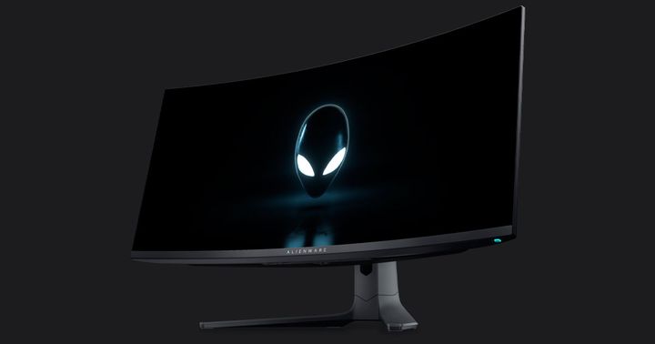 Alienware AW3423DWF product image of a black ultrawide monitor with Alienware's alien head logo with white eyes on the display.