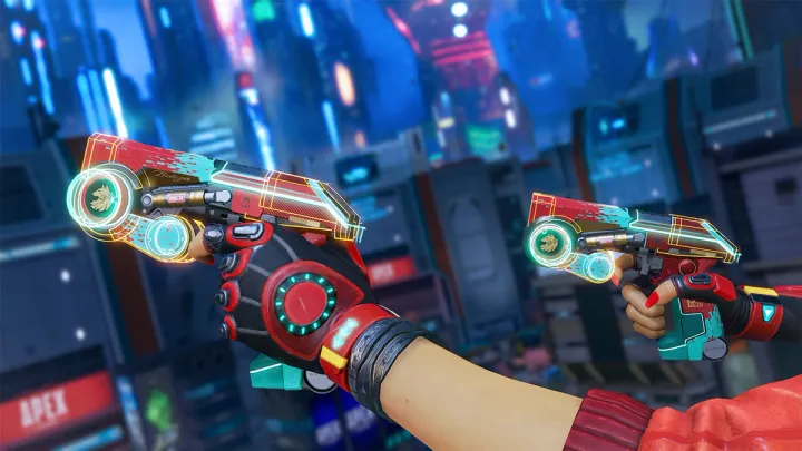 Hands of a character from Apex Legends holding pistols