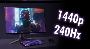 A black gaming monitor with a cyborg with red eyes on the screen. Next to it, "1440p 240Hz" branding in white with a purple glow around it.