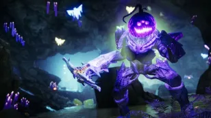 A Destiny 2 enemy wearing a pumpkin