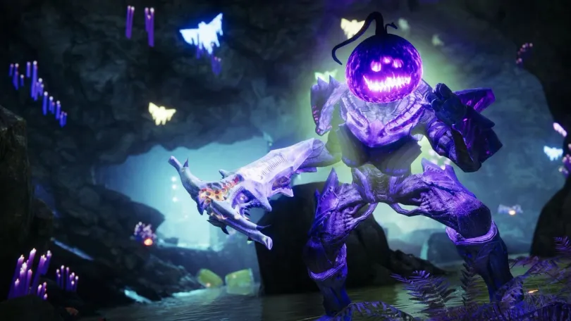 A Destiny 2 enemy wearing a pumpkin