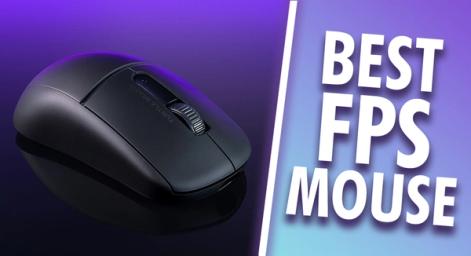 A black mouse in front of a purple background on one side of a white line. On the other side, "BEST FPS MOUSE" branding in white.