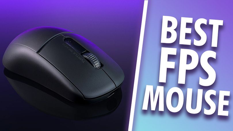 A black mouse in front of a purple background on one side of a white line. On the other side, "BEST FPS MOUSE" branding in white.