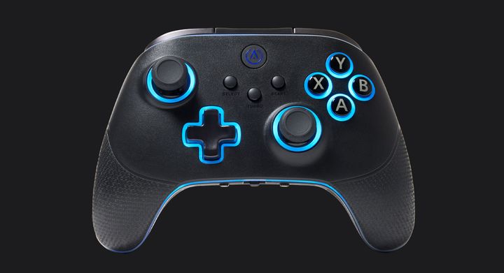 PowerA OPS v3 Pro product image of a black controller with blue lighting around its trim.