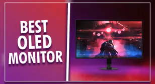 "BEST OLED MONITOR" text in white in front of na purple and orange gradient background and on one side of a white line. On the other, a black gaming monitor with a Sci-Fi spaceship taking off on the display.