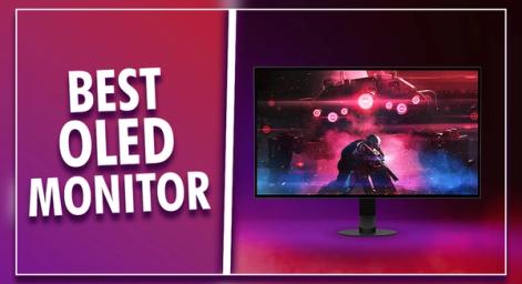 "BEST OLED MONITOR" text in white in front of na purple and orange gradient background and on one side of a white line. On the other, a black gaming monitor with a Sci-Fi spaceship taking off on the display.
