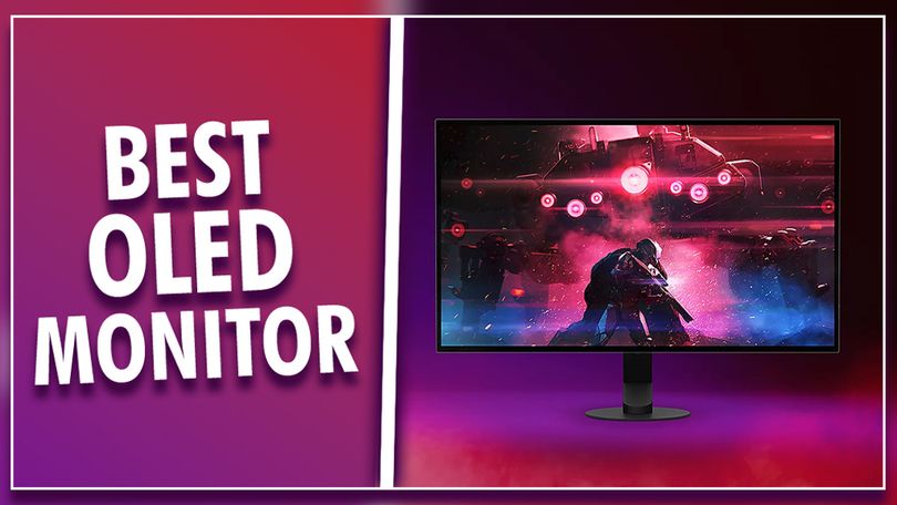 "BEST OLED MONITOR" text in white in front of na purple and orange gradient background and on one side of a white line. On the other, a black gaming monitor with a Sci-Fi spaceship taking off on the display.