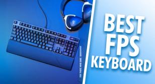 A black wired keyboard and a headset in a blue-lit room on one side of a white line. On the other, "BEST FPS KEYBOARD" branding in white with a blue glow around it.