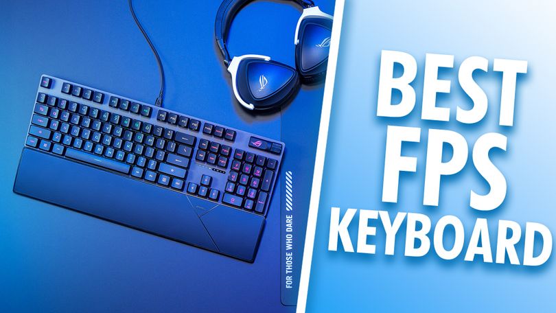 A black wired keyboard and a headset in a blue-lit room on one side of a white line. On the other, "BEST FPS KEYBOARD" branding in white with a blue glow around it.