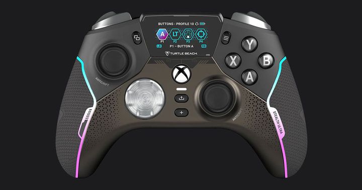 Turtle Beach Stealth Ultra product image of a black Xbox-branded controller featuring gradient blue and pink lighting around the trim.