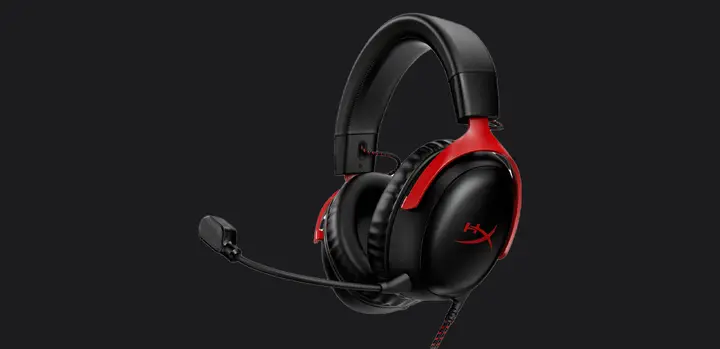 HyperX Cloud III product image of a black over-ear headset with red trim and branding.