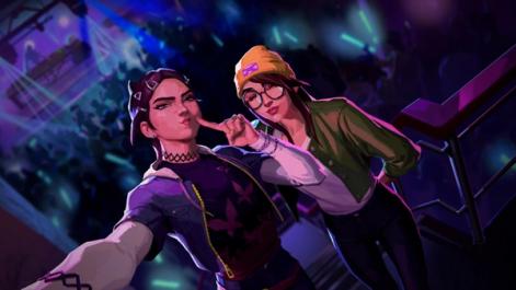 Clove and Killjoy from Valorant taking a selfie at a party