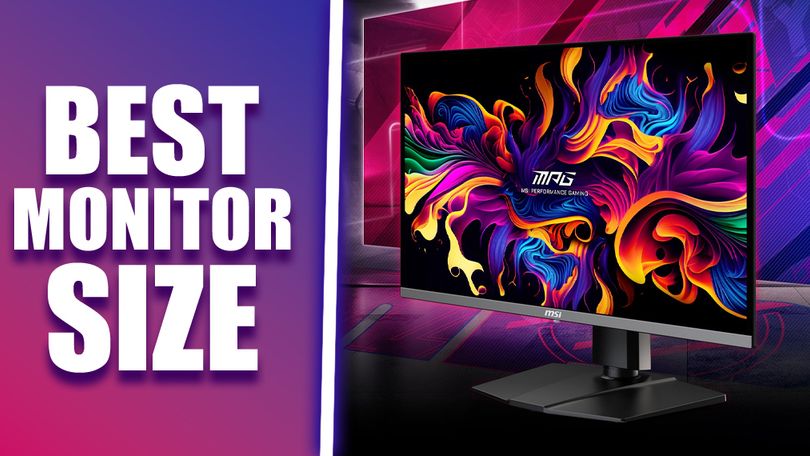 A black MSI monito9r with a multicolored pattern on the display on one side of a white line. On the other "BEST MONITOR SIZE" text in white.