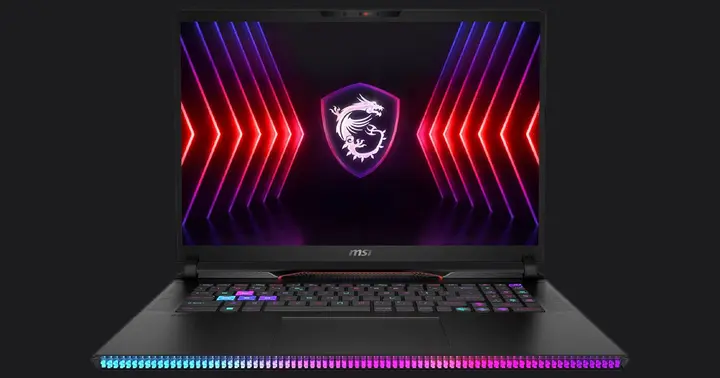 MSI Raider GE78HX product image of a black laptop with white MSI branding surrounded by purple and red light on the display and blue and pink lighting underneath.