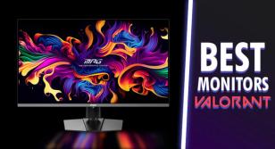 A black monitor with a multicolored pattern on the display one side of a white line. On the other "BEST MONITORS VALORANT" text in white and red.