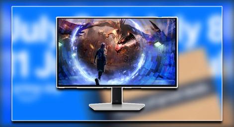A light grey and black Samsung monitor with a dragon on the display in front of blurry Prime Day branding