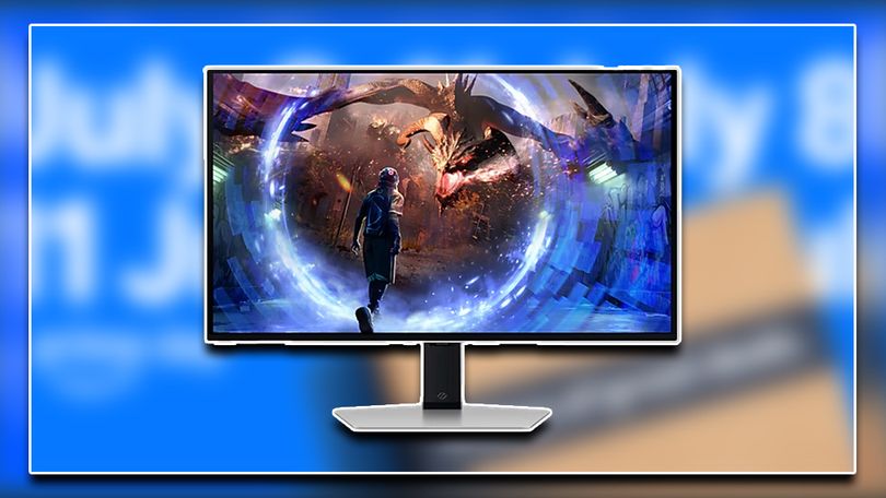 A light grey and black Samsung monitor with a dragon on the display in front of blurry Prime Day branding