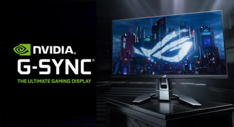 NVIDIA G-Sync logo in white and green next to a black ASUS monitor with ROG branding in front of a city on the display.