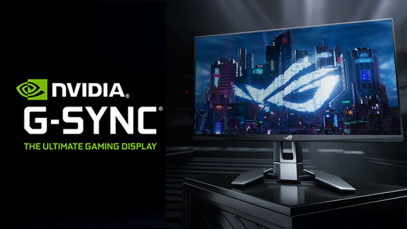 NVIDIA G-Sync logo in white and green next to a black ASUS monitor with ROG branding in front of a city on the display.