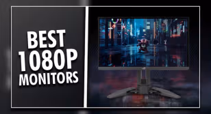 A black ASUS gaming monitor with a small robot on the display on one side of a white line. On the other, "BEST 1080P MONITORS" text in white.