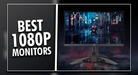 A black ASUS gaming monitor with a small robot on the display on one side of a white line. On the other, "BEST 1080P MONITORS" text in white.