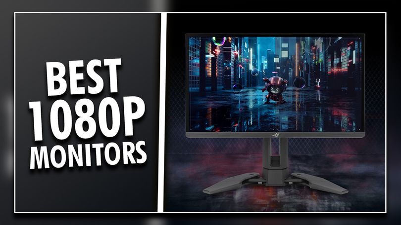 A black ASUS gaming monitor with a small robot on the display on one side of a white line. On the other, "BEST 1080P MONITORS" text in white.