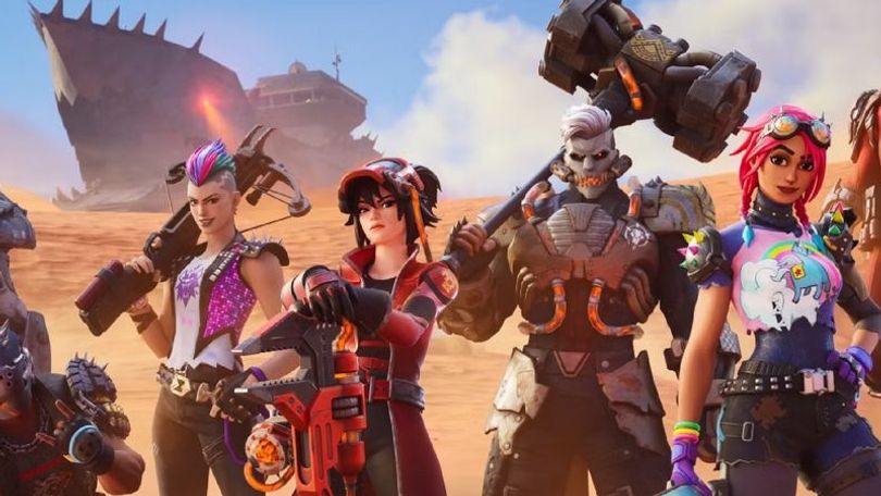 Fortnite Wrecked key art with all of the latest skins standing in a desert-style landscape