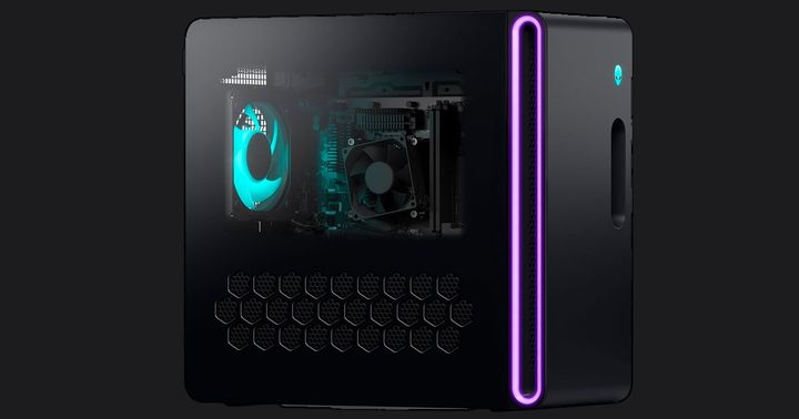 Alienware Aurora R16 product image of a black PC featuring blue lighting inside, and pink lighting on the front-corner panel.