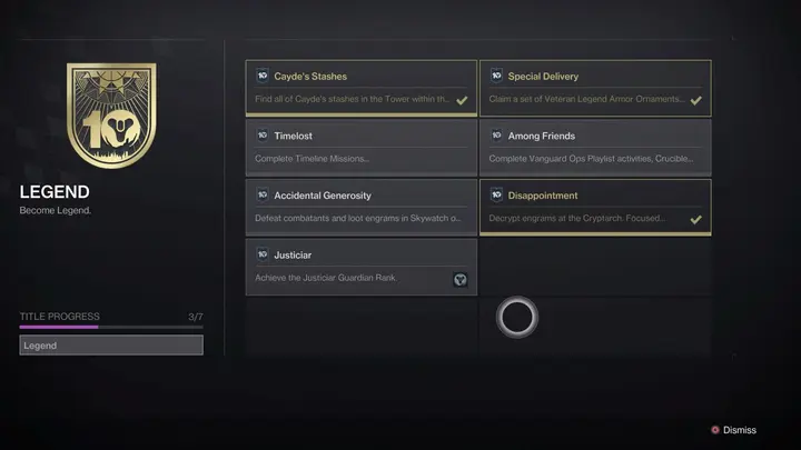 A screenshot detailing several objectives to earn a title in Destiny 2