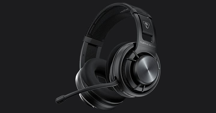 Turtle Beach Atlas Air product image of a black, mesh, over-ear headset featuring a mic extending around the front.