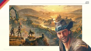 a man in a cowboy hat is smiling in front of a painting of a landscape .