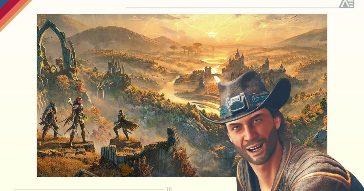 a man in a cowboy hat is smiling in front of a painting of a landscape .