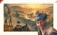 a man in a cowboy hat is smiling in front of a painting of a landscape .