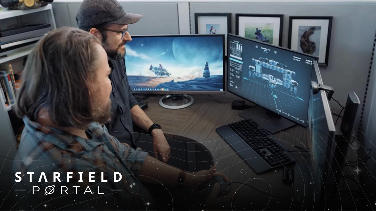 Two developers sit at a pc working on Starfield