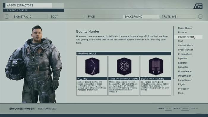 A screenshot of the Bounty Hunter background in Starfield.