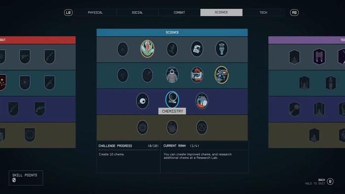 Starfield skills showing the science skill tree