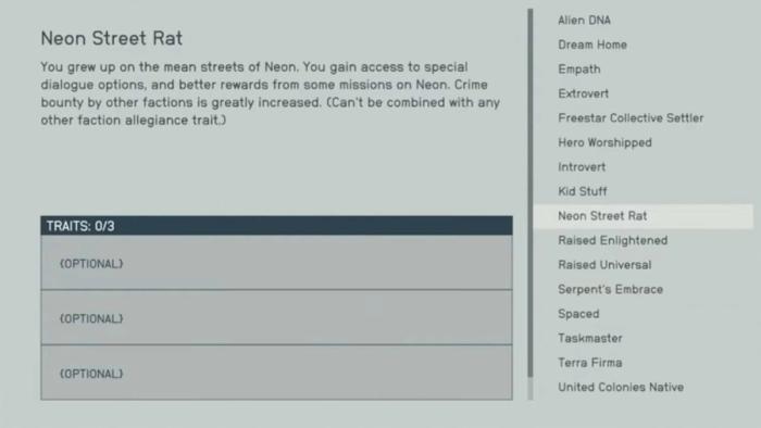 A screenshot of the Neon Street Rat trait in Starfield. 