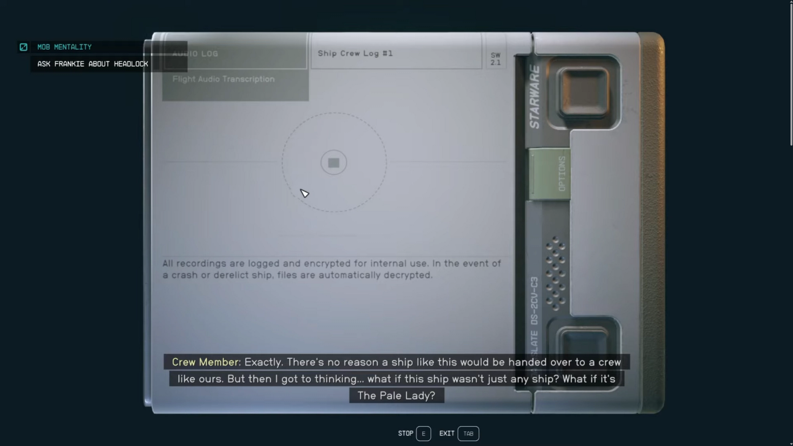 starfield the pale lady audio log explaining that their ship is the pale lady